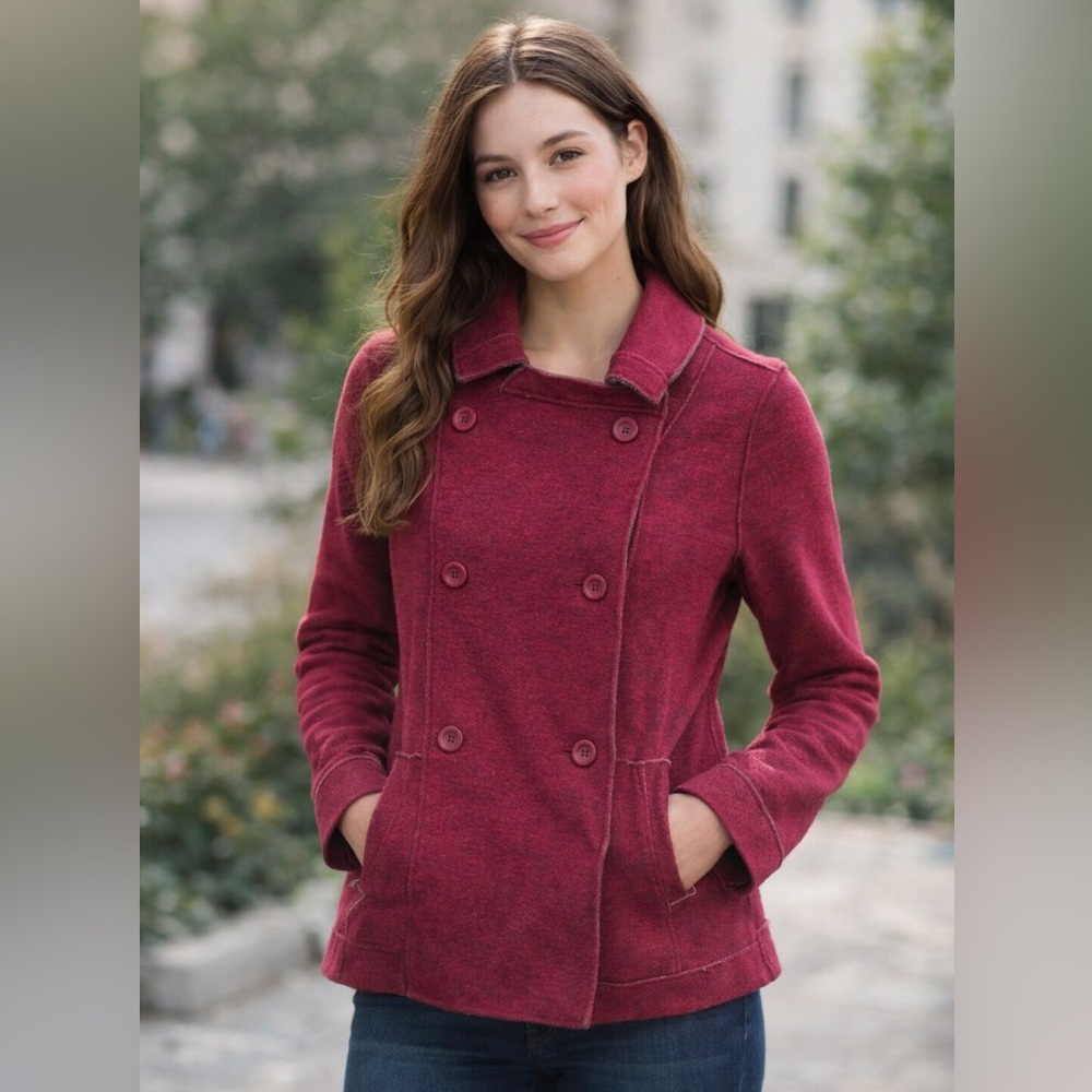 Eileen Fisher Cranberry‎ Wool Blend Peacoat Jacket, Classic Minimalist Cozy M
